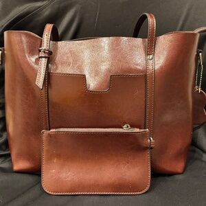 Leather Tote Bag with Removable Pouch - Brown